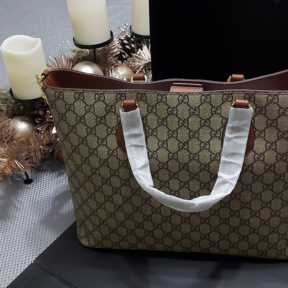 Gucci GG Supreme Peacock Brown Tote Leather Floral Bag Bird Handbag - Picture 5 of 12